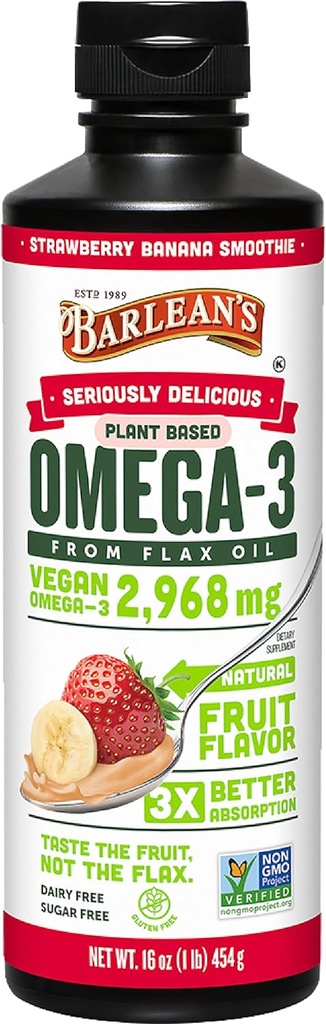 Barlean's Vegan Omega 3 6 9 L'huile de lin supplément liquide, smoothie de banane de fraise, huile de lin avec 2,968 mg ALA acide gras, non-OGM et sans gluten, 16 oz