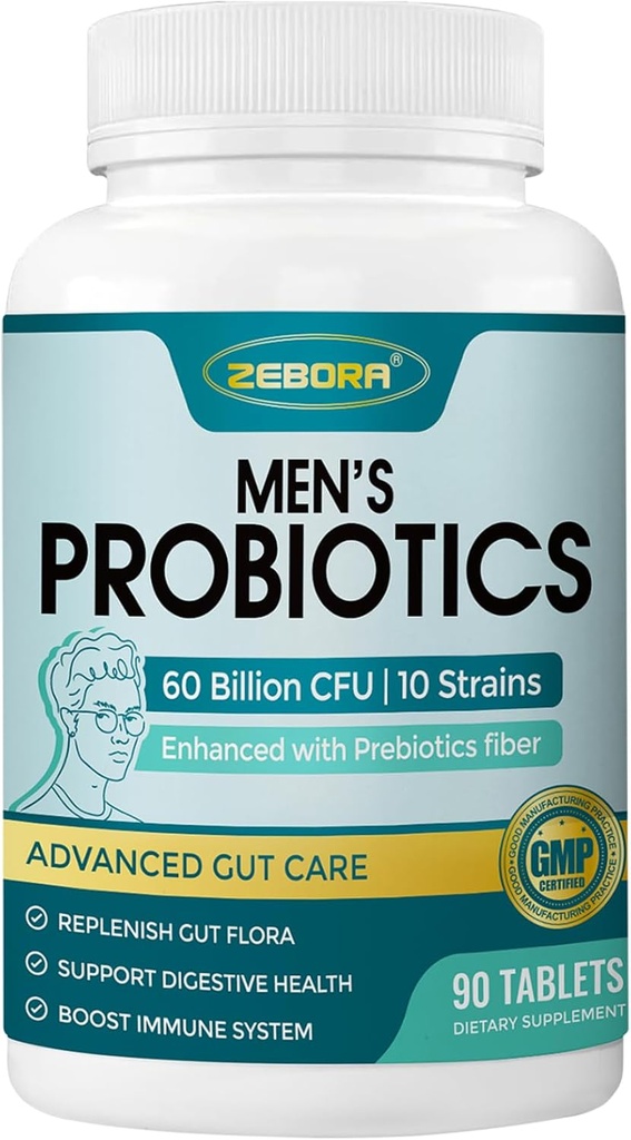 ZEBORA Probiotiques pour les hommes et les prébiotiques pour la santé digestive, 90 comprimés, 60 milliards d'UFC pour la santé immunitaire et la santé des intestins, 10 souches, probiotiques hypoallergéniques, plateau stable, sans gluten et sans soja