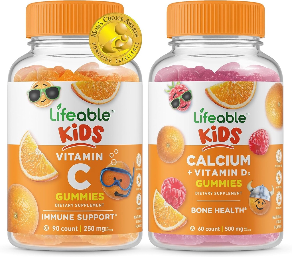 Vitamine C Lifeable Kids + Calcium avec Vitamine D Kids, Gummies Bundle - Grande dégustation, supplément de vitamine, sans gluten, sans OGM, gummy à croquer