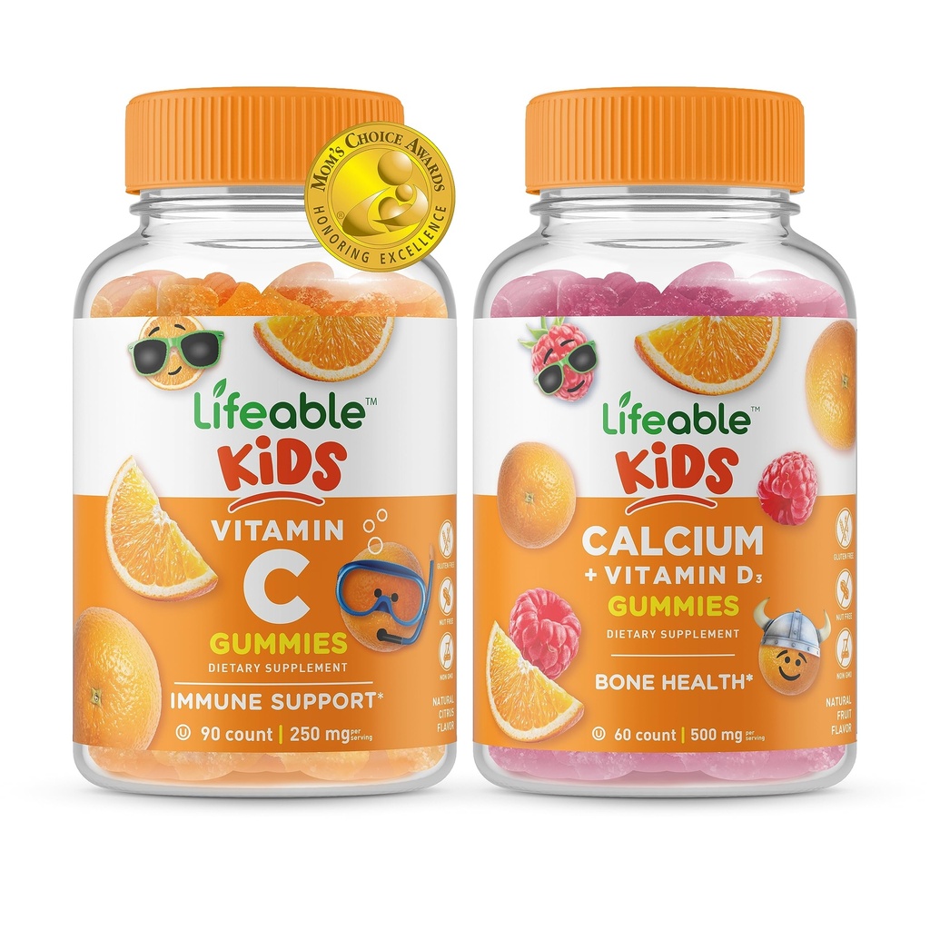 Vitamine C Lifeable Kids + Calcium avec Vitamine D Kids, Gummies Bundle - Grande dégustation, supplément de vitamine, sans gluten, sans OGM, gummy à croquer