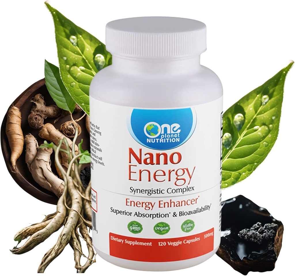 One Planet Nutrition Nano Energy 500 mg Veggie Capsules (120 Servings), Synergistic Blend of Nano Ginseng, Shilajit, Ashwagandha & EGCG, Supports Energy Levels, Non-GMO, Vegan, Gluten Free