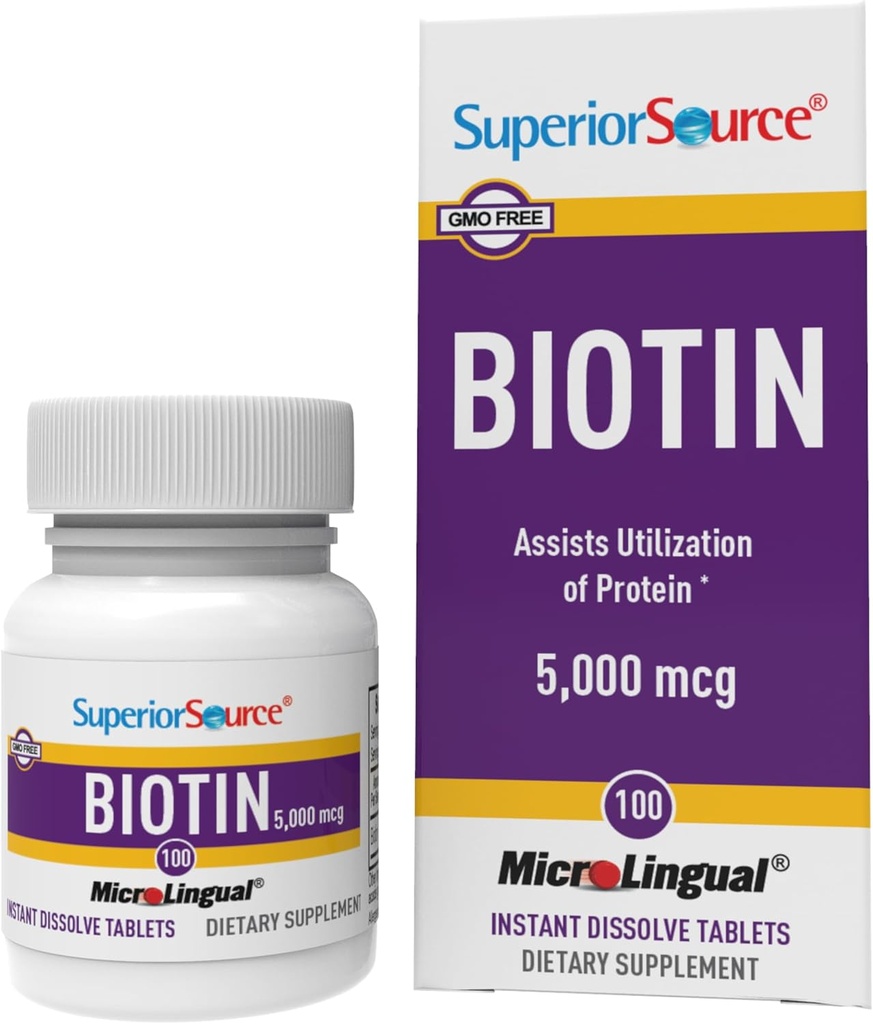 Source supérieure Biotine 5000 mcg. Sous la langue Dissolve rapide MicroLingual Comprimés, 100 Compte, soutient cheveux sains, peau, et croissance des ongles, aide à soutenir le métabolisme de l'énergie, non-OGM