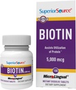 Source supérieure Biotine 5000 mcg. Sous la langue Dissolve rapide MicroLingual Comprimés, 100 Compte, soutient cheveux sains, peau, et croissance des ongles, aide à soutenir le métabolisme de l'énergie, non-OGM