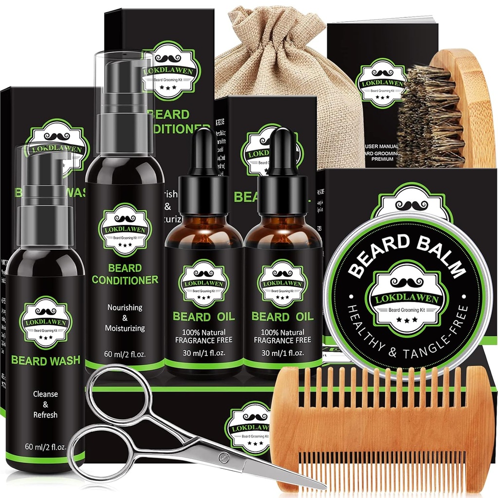 Kit de barbe pour les hommes avec lavage de barbe, conditionneur de barbe, huile de barbe, baume de barbe, brosse, peigne, ciseaux, sac de rangement, cadeaux pour les hommes
