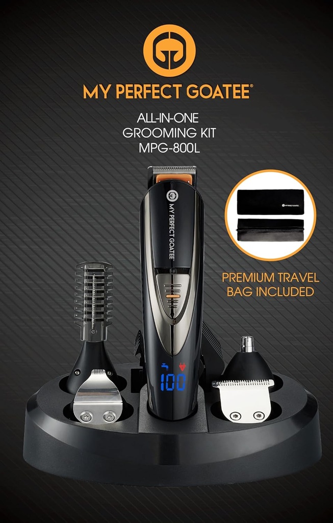 My Perfect Goatee®. Kit pour homme 13-en-1 - Kit de garniture de barbe à affichage LED avec sac de voyage, support de charge, et plus encore - Trimmer électrique imperméable, sans fil pour le nez, le corps et plus encore – Ensemble cadeau idéal
