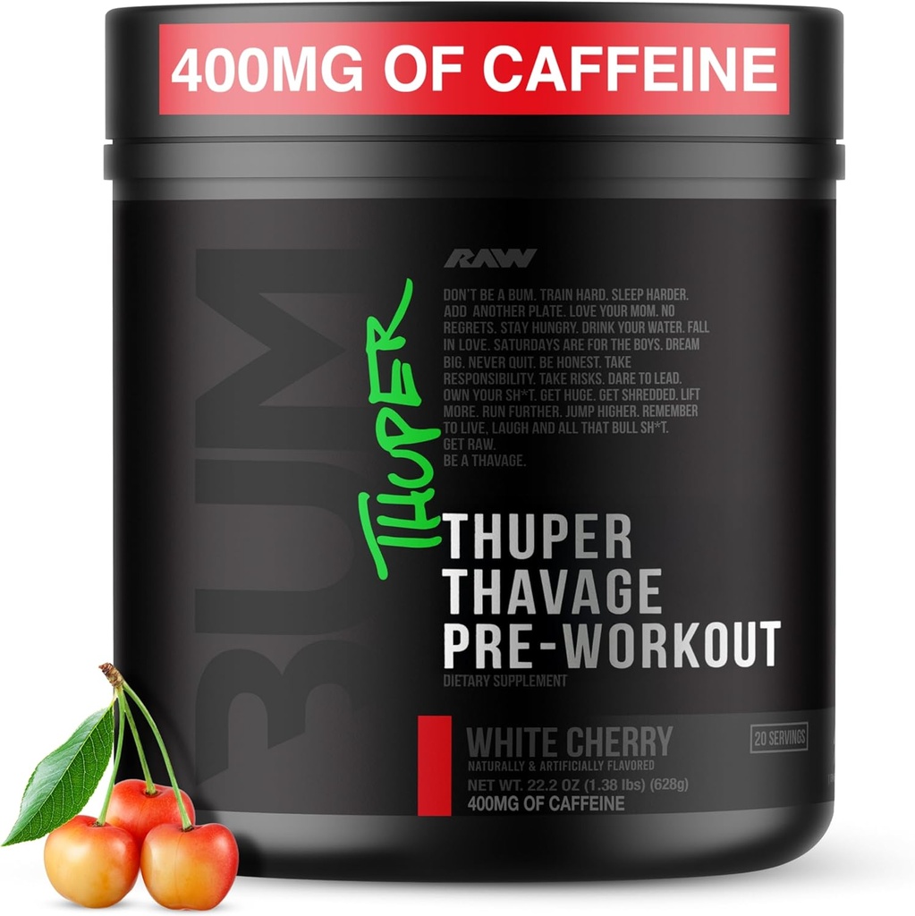 Poudre de pré-entraînement RAW Thuper Thavage - Pré-entraînement à haute tension avec Créatine, Beta Alanine, L-Citrulline & Caféine - Chris Bumstead Gym & Fitness Supplément pour hommes et femmes - Cerise blanche