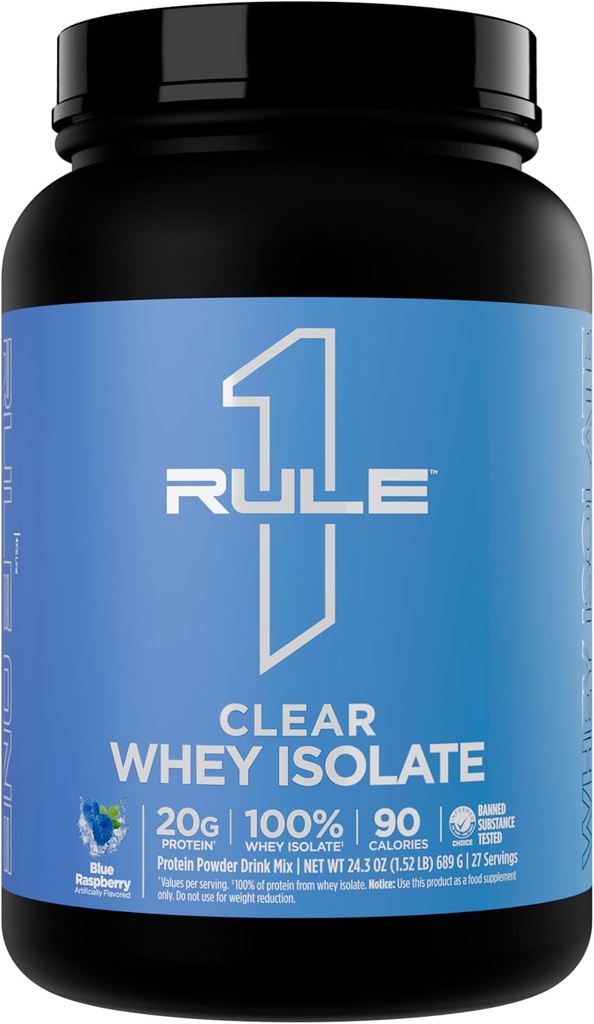 Règle 1 Isolation claire de lactosérum - 20g Protéine tout-whey isolate, plus de 9g d'AAE, 300mg de minéraux électrolytes, 90 calories, léger, croustillant et goût rafraîchissant (27 portions, framboise bleue)