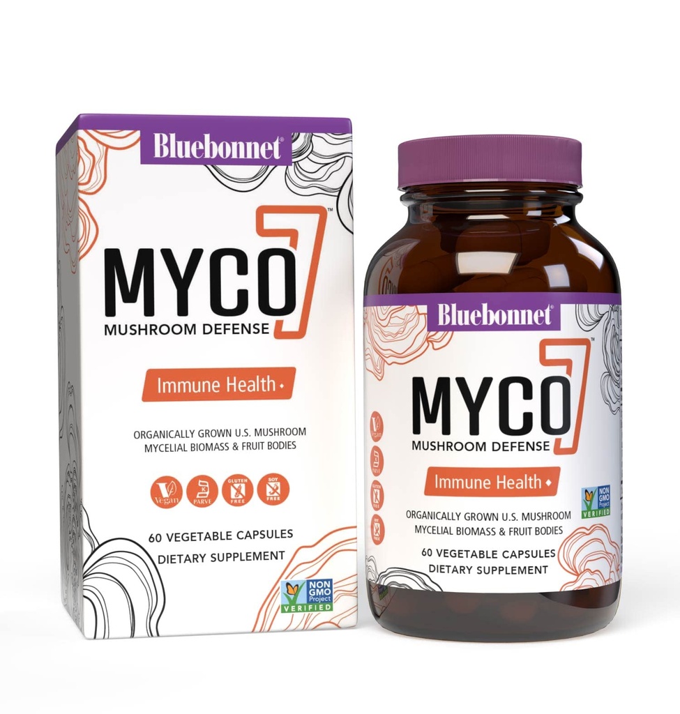 BlueBonnet Nutrition Myco-7 Mushroom Defense – 7 Champignons entiers et à cycle complet cultivés biologiquement aux États-Unis – pour l'Immune et le Bien-être - Sans soja, sans gluten, sans OGM, sans casher et végétalien – 60 capsules végétales