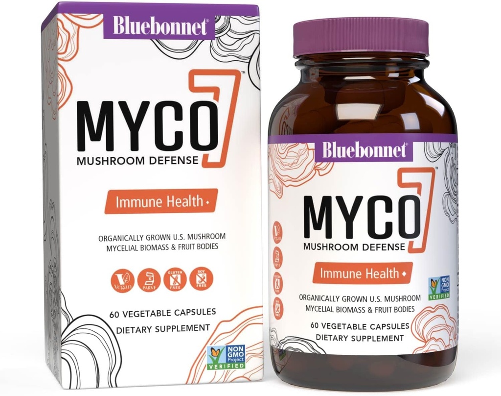 BlueBonnet Nutrition Myco-7 Mushroom Defense – 7 Champignons entiers et à cycle complet cultivés biologiquement aux États-Unis – pour l'Immune et le Bien-être - Sans soja, sans gluten, sans OGM, sans casher et végétalien – 60 capsules végétales
