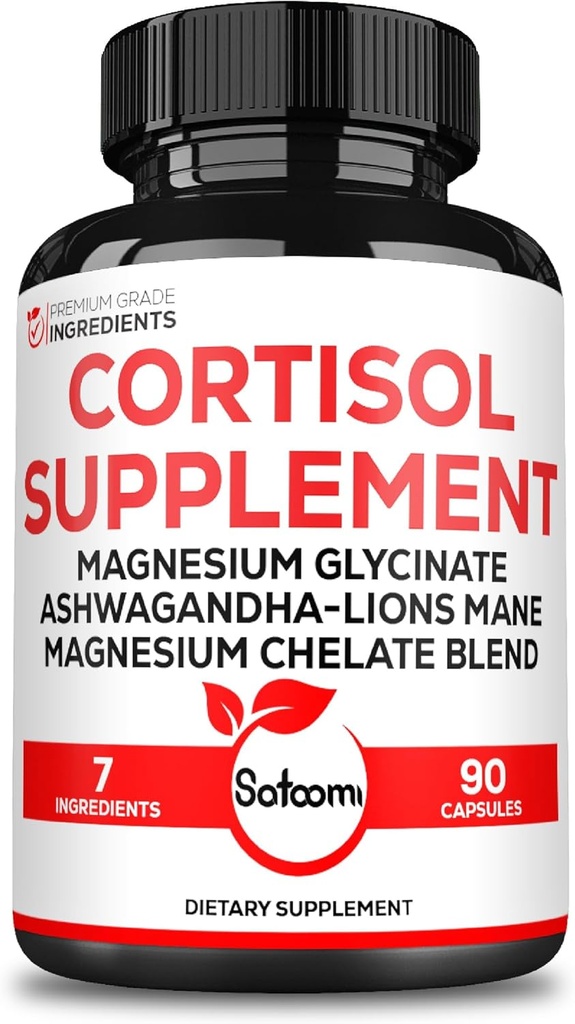 Satoomi 7in1 Supplément de cortisol - Glycinat de magnésium avec Ashwagandha, Glycinat de magnésium et citrate - Bien-être et résilience - 90 capsules pendant 45 jours
