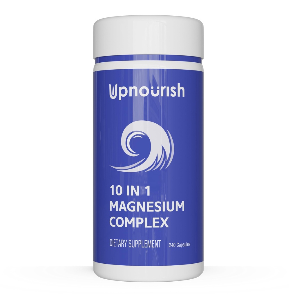 UpNourish Magnésium Supplément - 10 en 1 Magnésium Complexe - Suppléments minéraux de magnésium plein spectre avec glycinate, citrate, taurate, malate, carbonate, oxyde et plus, 240 Capsules Vegan