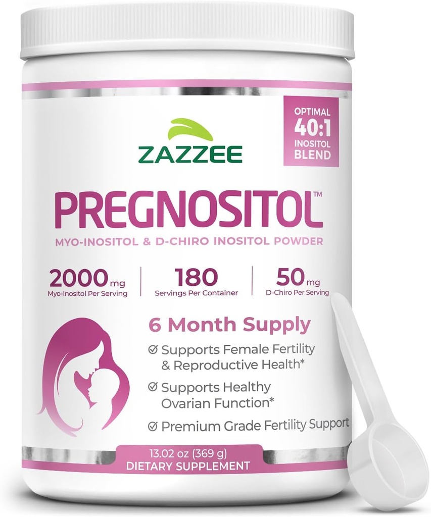 Zazzee PREGNOSITOL poudre, 6 mois d'approvisionnement, Myo-Inositol et D-Chiro-Inositol 40:1 mélange de fertilité, libre Scoop pour la posologie exacte, formule équilibrée Premium, 183 portions, végétalien, tout naturel et non-OGM