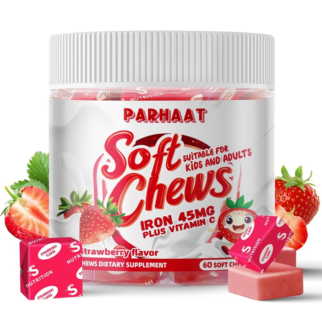 Iron Soft Chew Supplement with Vitamin C | Strawberry Flavored | Gluten Free | Iron Supplement for Women Men and Kids | 60 Count | 2 Month Supply
