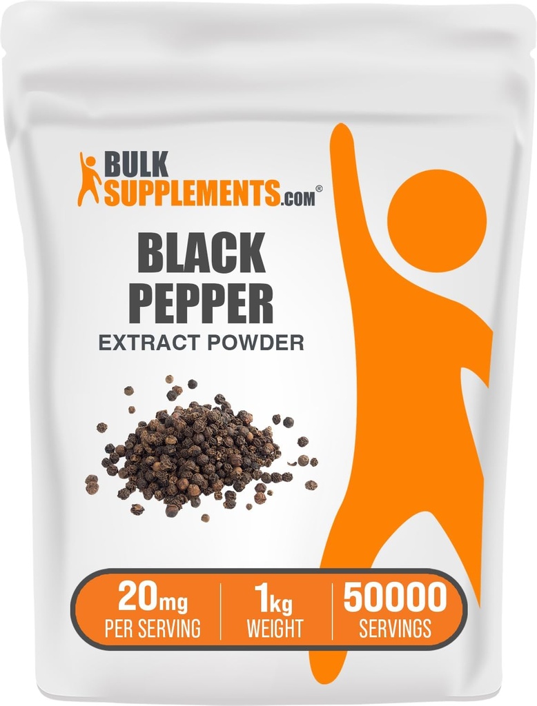 BulkSupplements.com Poudre d'extrait de poivre noir - Suppléments de poivre noir, Suppléments de piperine - Vegan & sans gluten, 20mg par portion, 1kg (2,2 lbs) (paquet de 1)