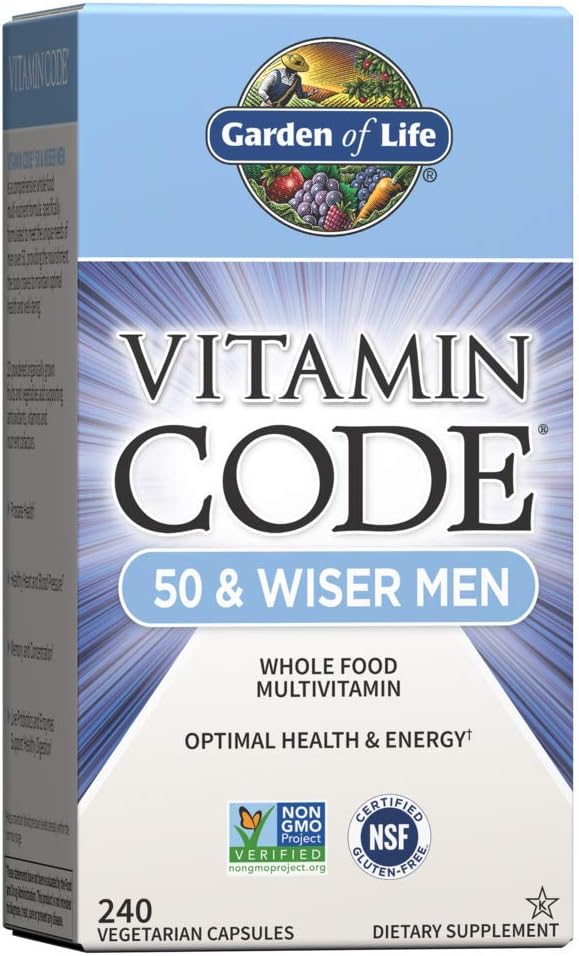Jardin de la vie Vitamine Code 50 et plus sages Hommes Raw Whole Food Multivitamin, Vitamines pour les hommes de plus de 50 ans pour la santé de la prostate, le coeur sain, la pression artérielle, 240 Capsules végétariennes *Emballage May Vary*