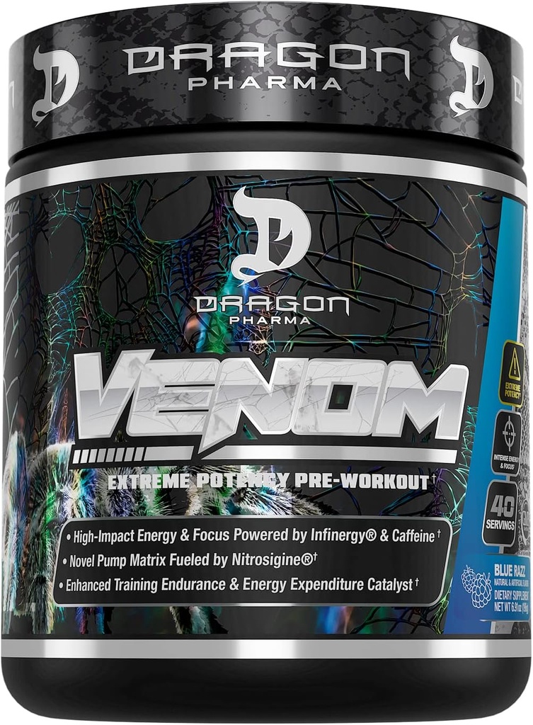 DRAGON PHARMA Venom Extreme Potency Pre-Workout, Laser Sharp Focus + Énergie, Performance intense, Ingrédients éprouvés pour la vasodilation et l'endurance améliorées (40 portions, framboise bleue)