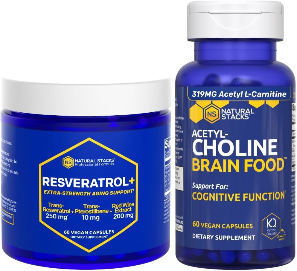 STACKS NATURAUX acétylcholine Cerveau Alimentation + Supplément Resvératrol - Soutient la fonction cognitive et le vieillissement du cerveau* - 120 Capsules totales