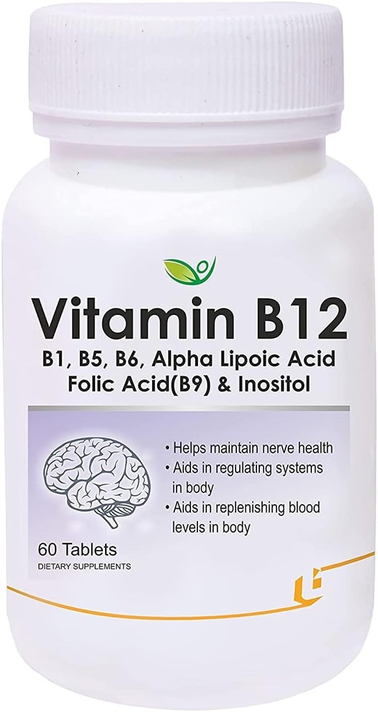 Vérème Nutraceutiques Vitamine B12 avec B1, B5, B6, B9(acide folique), acide alpha lipoïque ALA et suppléments d'inositol (gestion de l'énergie) Antioxydant 60 comprimés