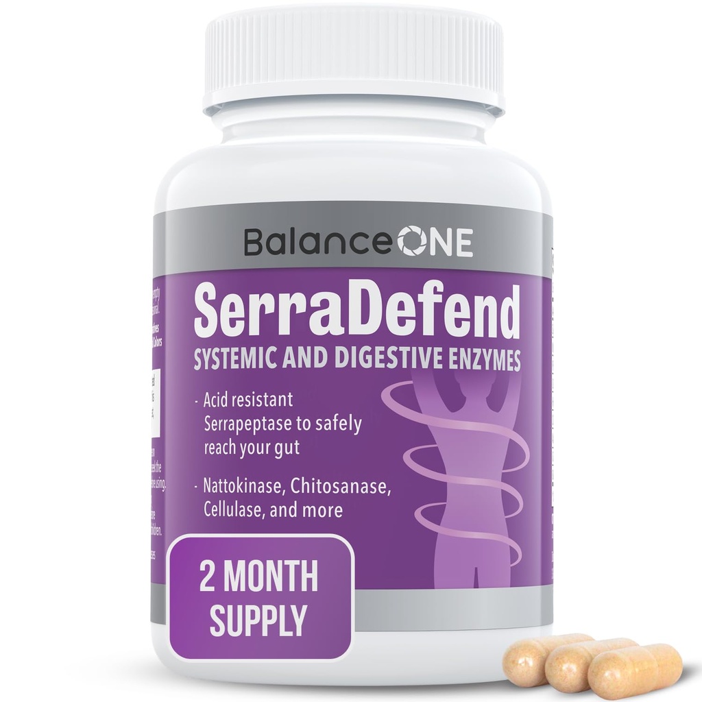 Balance ONE Biofilm Defense with Proteolytic & Digestive Enzymes for Men & Women - Serrapeptase, Nattokinase, Protease, Cellulase - 60 Capsules, 2 Mois d'approvisionnement - SerraDefend