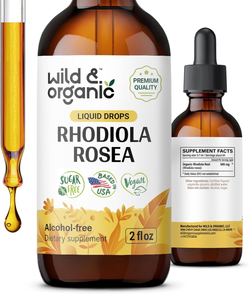 Teinture de rodoola sauvage et biologique - Support d'humeur - Supplément de rodoola relaxant - Extrait de racine gouttes liquides - Vegan, sucre et sans alcool - 2 fl oz
