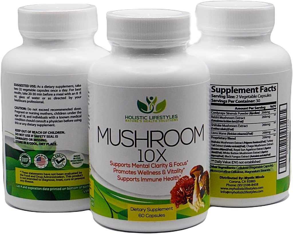 Champignon 10X Complexe Champignon 10-en-1 Supplément 1330 mg 60 Capsules w/Lions Mane soutient Focus & Clarté Mentale,Vitalité, Amélioration de l'humeur et Soutien immunitaire