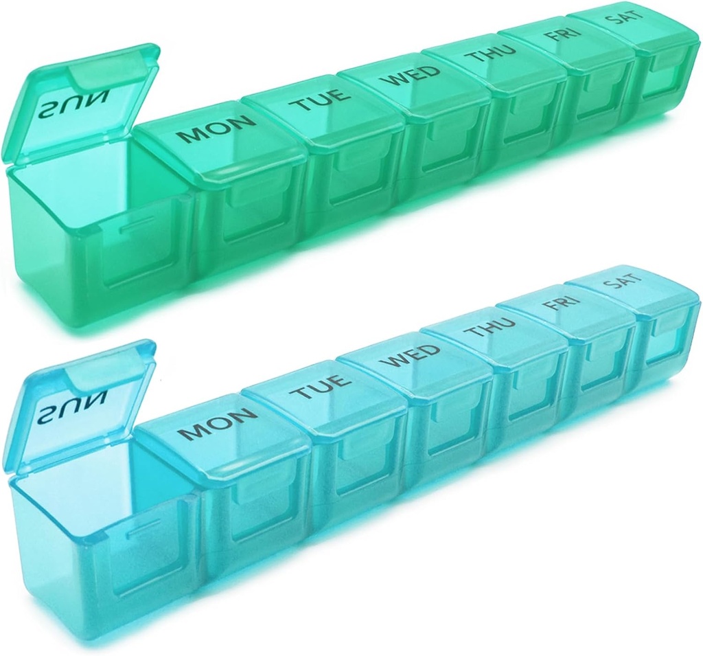 2 packs d'organisateur hebdomadaire de pilules, grand cas de pilule de 7 jours, boîte quotidienne de médicaments à base de vitamines, contenants de pilules AM/PM pour suppléments de médicaments Huile de poisson (bleu et vert)