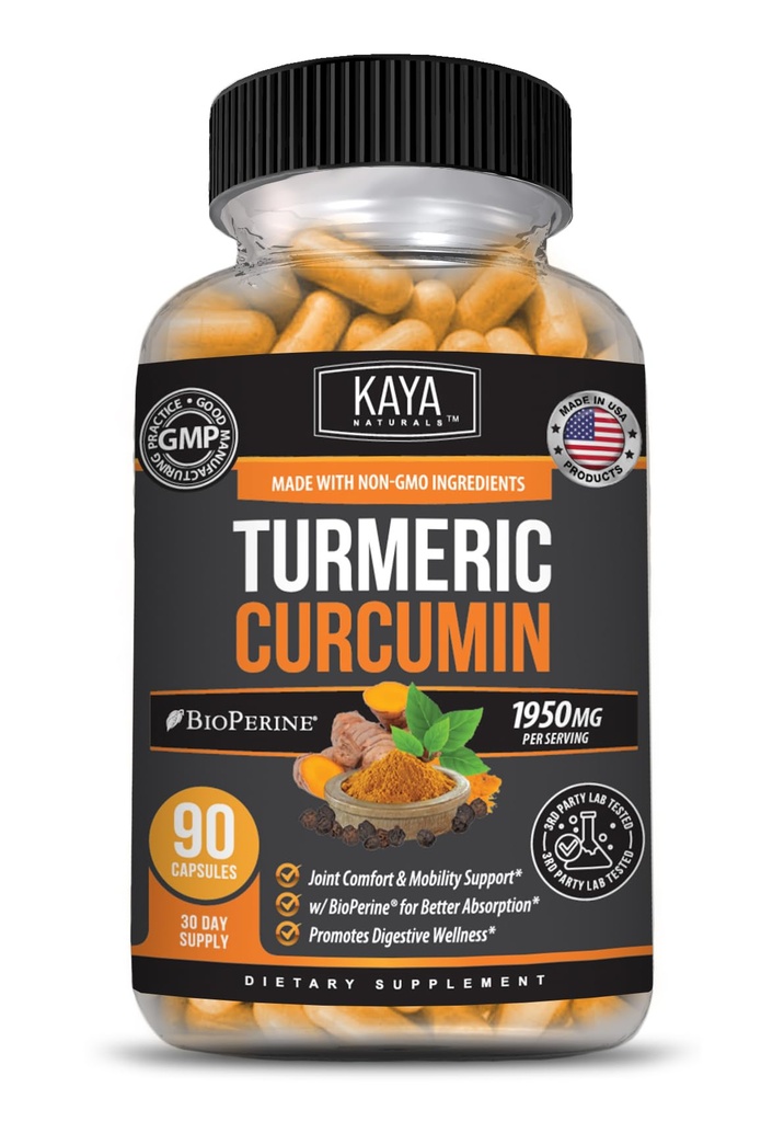 Kaya Naturals Platine curcuma, 60 capsules de dénombrement, Bioperine, Premium Support avec 95% Curcuminoides standardisés - 60 capsules