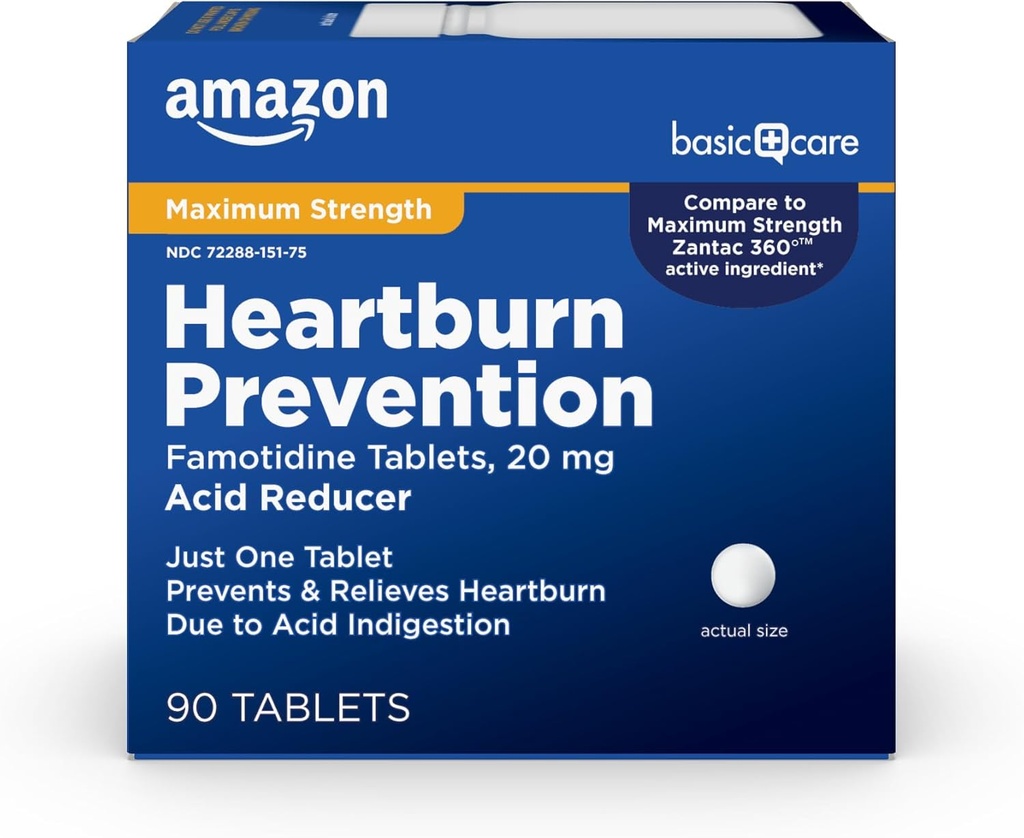 Amazon Basic Care Maximum Strength Famotidine 20mg Comprimés, 90 Compte, Prévention des brûlures d'estomac