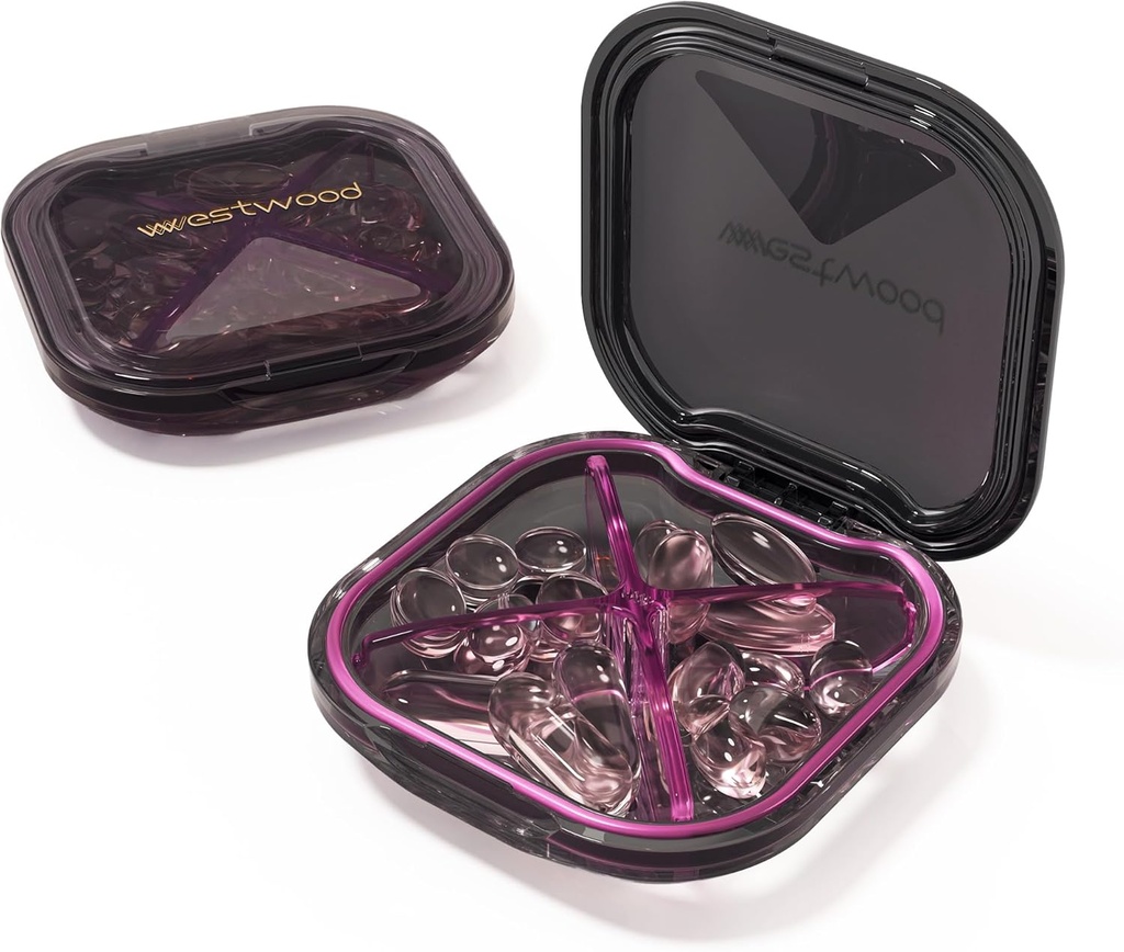 1 Pack Petit organisateur de pilules violettes, 4 compartiments, compact élégant mignon voyage Camping Pill Box Daily Medicine Pill Case, portable et étanche pour stocker les vitamines, médicaments et suppléments