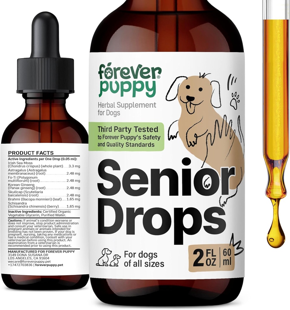 Des gouttes de chiens aînés pour chiots à jamais - Complexe de soutien immunitaire et cérébral pour chiens âgés de toutes races et tailles - Vitamines et suppléments pour animaux âgés - Suppléments alimentaires - 2 oz