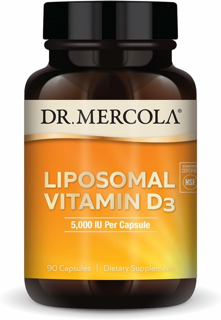 Dr Mercola Vitamine Liposomique D3 - Soutient la santé cardiaque, osseuse et immunitaire - 5 000 UI par portion - Sans OGM, sans soja et sans gluten - 90 capsules (90 portions)