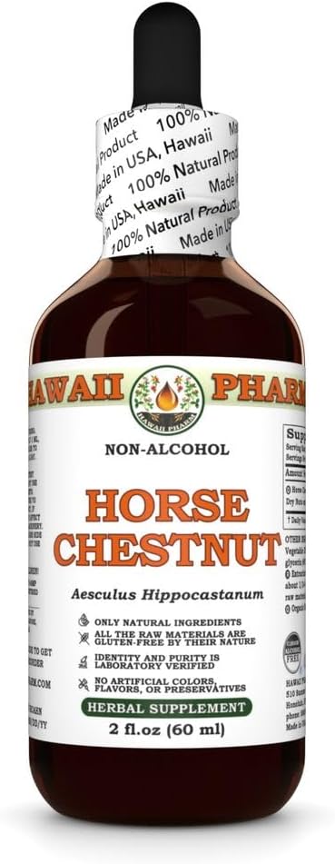 Châtaigne de cheval (Aesculus Hippocastanum) Noix sèches Glycérite, Fabriqué à Hawaii, Matières premières organiques, Tout naturel, végétalien, laboratoire testé extrait liquide sans alcool - 2 fl.oz