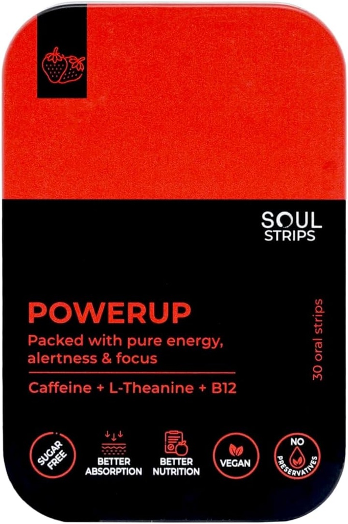 Soul Strips Power Up - entraînement + énergie Bandes orales avec caféine, L-Theanine, vitamine B12, saveur de fraise, améliore le métabolisme, Absorbe rapide, utilisation quotidienne, Zéro sucre, végétalien, 30 bandes