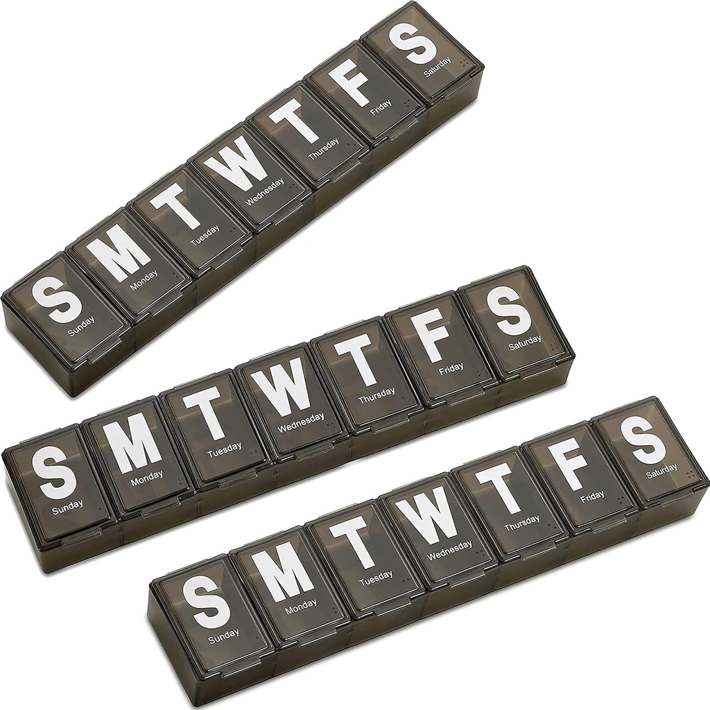 Organisateur hebdomadaire de pilules - (paquet de 3) Extra grand récipient de vitamine avec Jumbo lettres faciles à lire, BPA gratuit - voyage quotidien 7 jours de médicaments Pill Box cas, (noir)