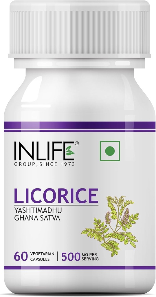 INDIFE Extrait de racine de réglisse (Yasthimadhu) Standardisé à > 20 % Supplément d'acide glycyrrhizinique, 500 mg - 60 Capsules végétariennes