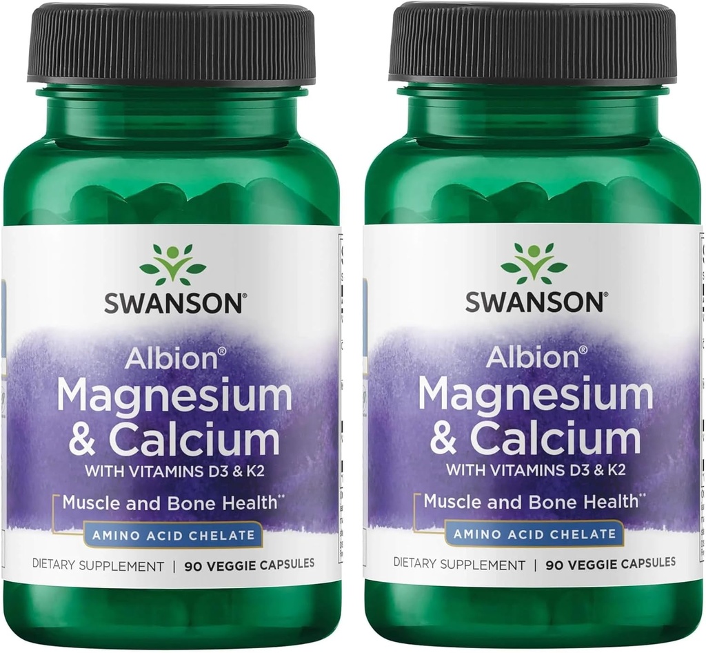 Swanson Albion Magnésium chélaté et Calcium 2:1 90 Gélules de Veg (2 Pack)