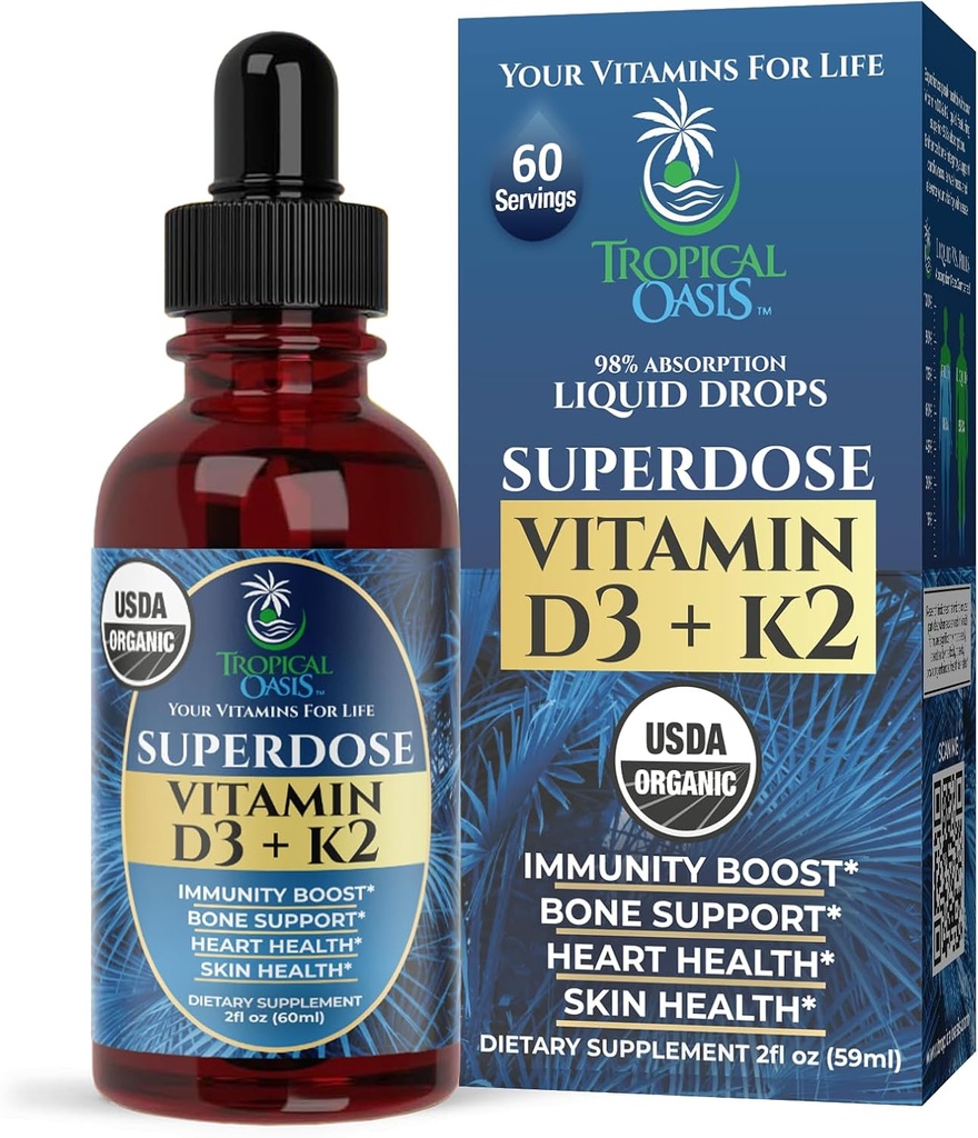 USDA Vitamine liquide biologique D3 K2 gouttes pour les adultes.Superdose 8000UI Vitamine pure D3.