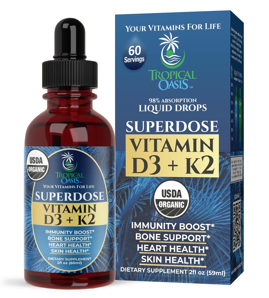 USDA Vitamine liquide biologique D3 K2 gouttes pour les adultes.Superdose 8000UI Vitamine pure D3.