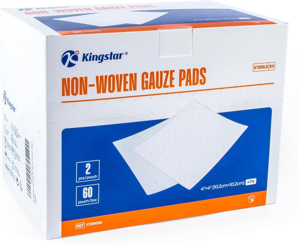 Kingstar Sterile Non-tissé Gauze Pads, 4"x 4" Dressing Wound, 60 Packs - 120 Pièces Superior Soft Sponge Pads, Compresseurs de gaze plus absorbants pour soins de traumatisme ou de blessure post-opératoire