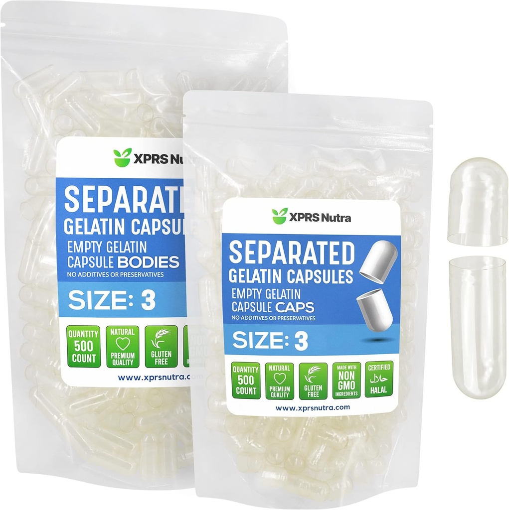 XPRS Nutra Gélatine Taille 3 Capsules séparées - 500 Compter Capsules vides claires Séparées dans des sacs - Taille 3 pilules gélatine Gel rechargeable Caps pour Do-It-Youlf Supplément Remplissage