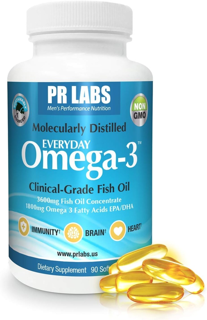 PR Labs - Supplément d'huile de poisson de qualité clinique Omega-3 quotidien pour les hommes - favorise le soutien cardiaque, cérébral, immunitaire et articulaire - source durable et distillé moléculairement - 1800mg EPA et DHA - 1 pack