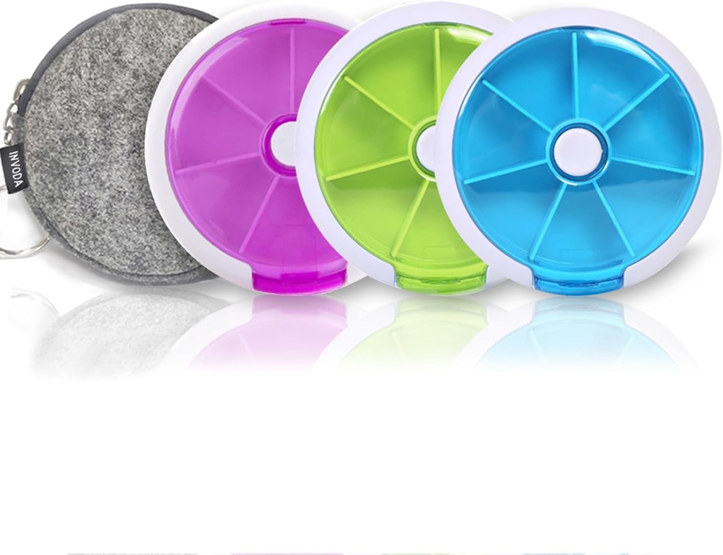 Pill Cases Weekly INVODA Pill Organizer 7 jours 3 fois Médecine Pill Dispenser Push Button Rotate Pill Planner avec 7 compartiments (4PCS+Bag)