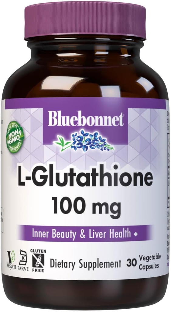 Bluebonnet Nutrition L-Glutathion 100mg, acide amino de forme libre, pour une protection radicale gratuite, sans soja, sans gluten, non-OGM, certifié Kosher, végétalien, 30 capsules végétales, 30 portions