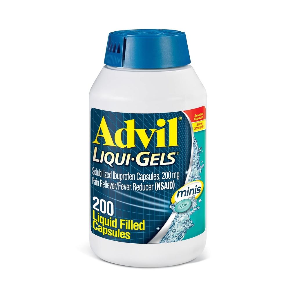 Advil Liqui-Gels minis anti-douleur et réducteur de fièvre, anti-douleur pour adultes avec Ibuprofène 200mg pour soulager la douleur - 200 Capsules remplies de liquide