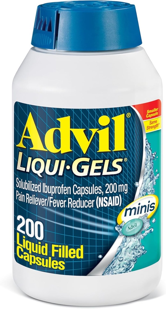 Advil Liqui-Gels minis anti-douleur et réducteur de fièvre, anti-douleur pour adultes avec Ibuprofène 200mg pour soulager la douleur - 200 Capsules remplies de liquide