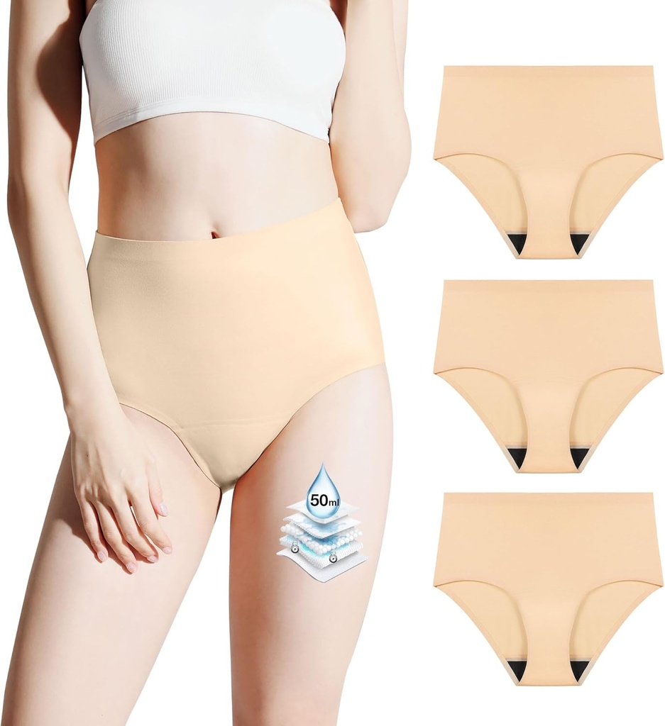 BATTEWA Incontinence Sous-vêtements pour femmes lavables, sous-vêtements étanches à la preuve Haute absorption, sous-vêtements de protection pour sous-vêtements Bladder, culottes sans couture 50ml, beige, moyenne(3 Pack