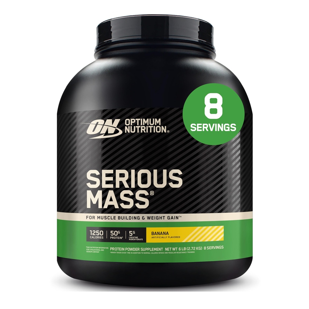 Optimum Nutrition Serious Mass, Weight Gainer Protein Powder, Mass Gainer, Vitamin C and Zinc for Immune Support, Creatine, Banana, 6 Pound (Packaging May Vary)