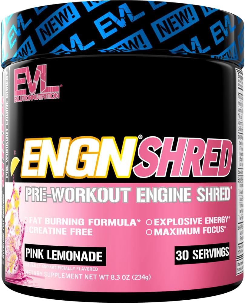EVL Ultimate Pre Workout Powder - Thermogenic Fat Burn Support Preworkout Powder Drink for Lasting Energy Focus and Stamina - ENGN Shred Intense Creatine Free Preworkout Drink Mix - Lemonade rose