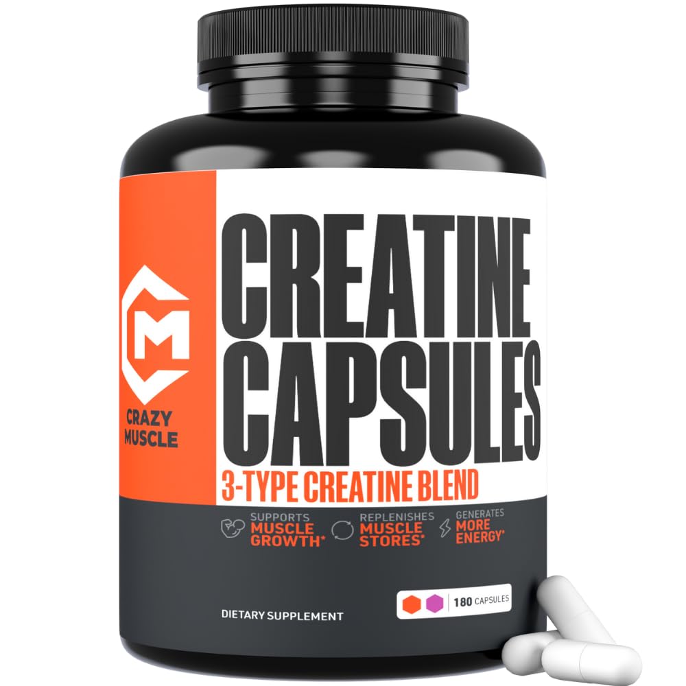 Capsules de créatine, 5g Premium 3X TroisAtine Préentraînement Bulk Muscle Mass Gainer, Haute Absorption Facile à prendre Pills Monohydrates de créatine Alternative Performance Optimum pour Hommes Femmes, 180 Capsules