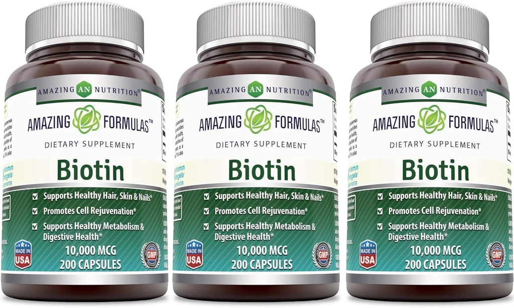 Amazing Nutrition Biotin 10,000 Mcg Dietary Supplement, 200 Capsules (200 Capsules (Pack of 3))